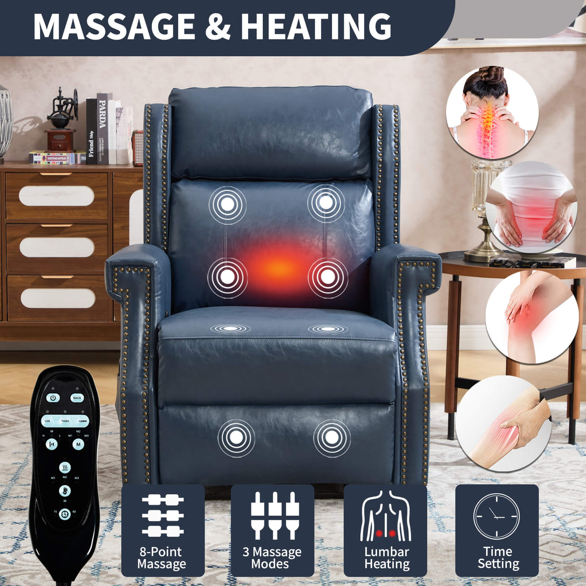 LL1260 leather recliner chair with 8-point massage, lumbar heating, and 3 massage modes, designed for comfort and wellness.