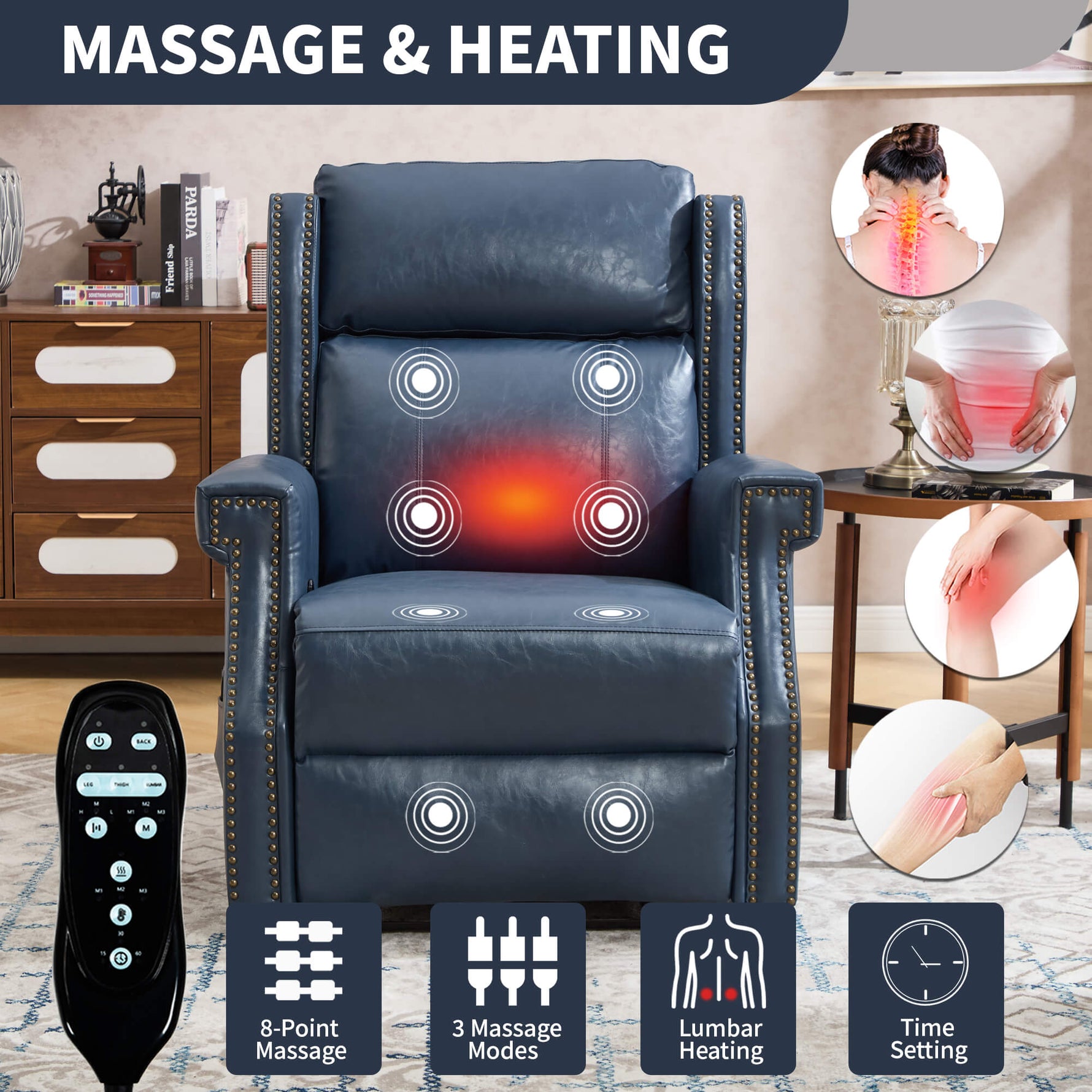 LL1260 leather recliner chair with 8-point massage, lumbar heating, and 3 massage modes, designed for comfort and wellness.