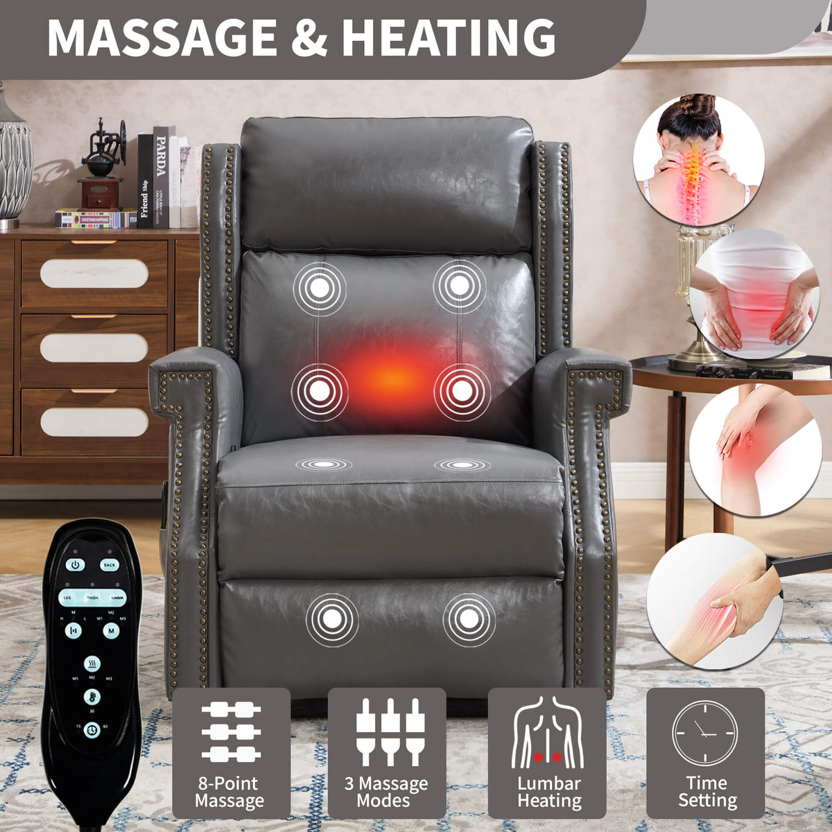 LL1260 manual leather recliner chair with 8-point massage, 3 modes, lumbar heating, and remote control for cozy living room comfort.