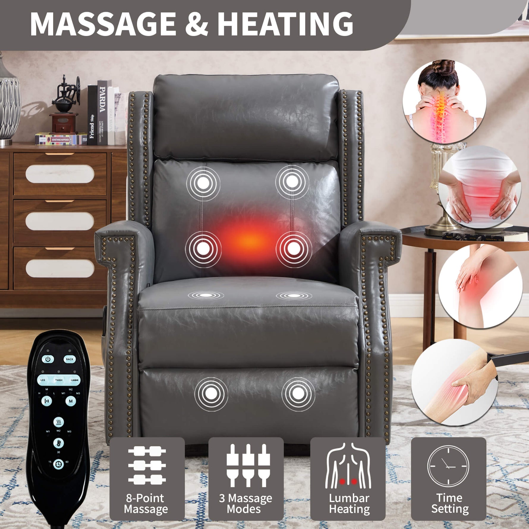 LL1260 manual leather recliner chair with 8-point massage, 3 modes, lumbar heating, and remote control for cozy living room comfort.