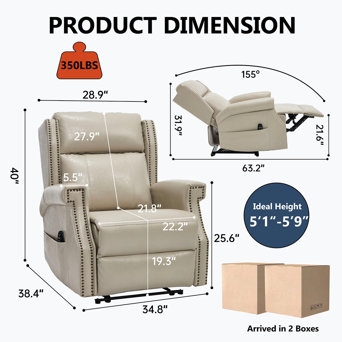 LL1260 manual leather recliner chair dimensions with 155° recline, 34.8-inch width, and 350 lbs weight capacity for living room use.