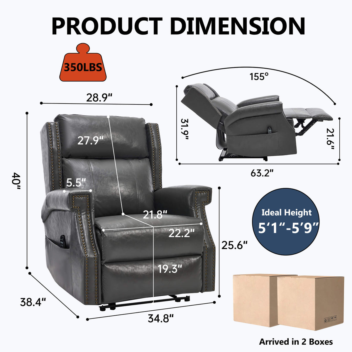 LL1260 gray manual leather recliner chair with 34.8-inch width, 155° recline, and 350 lbs capacity, perfect for users 5'1''–5'9''.