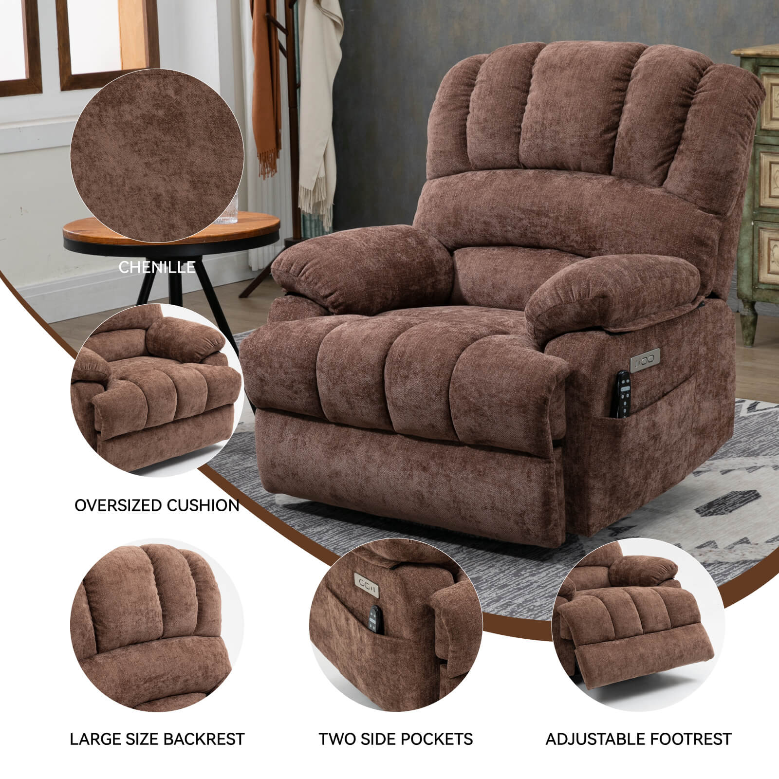 LL1136 chenille electric lift chair with oversized cushion, large backrest, side pockets, and adjustable footrest for seniors.