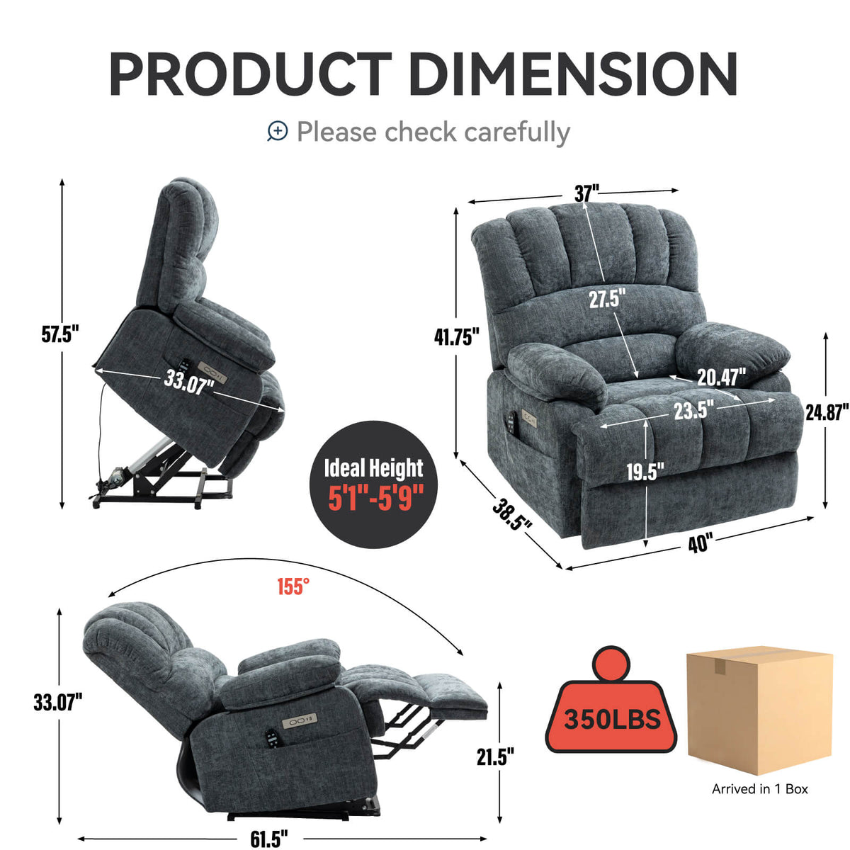 LL1136 chenille electric lift chair recliner dimensions chart showing full recline, upright lift, and ideal user height range with 350 lbs capacity.