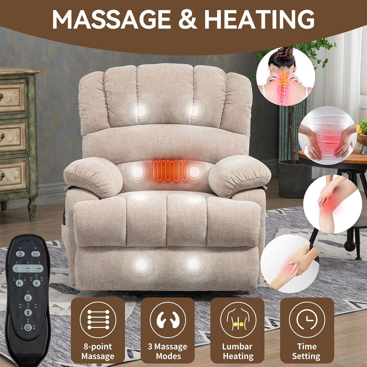 LL1136 chenille electric lift chair recliner for seniors with 8-point massage, lumbar heating, and remote control in a cozy living room setting.