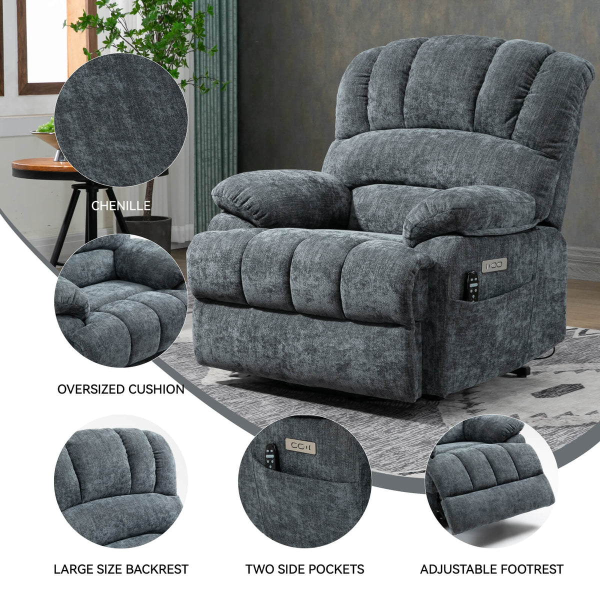 LL1136 chenille electric recliner chair features close-up: oversized cushion, large backrest, side pockets, and adjustable footrest for seniors.