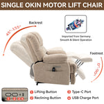 LL1136 chenille electric lift chair recliner for seniors with single Okin motor, 8-point massage, USB and Type-C ports, and 45°-155° reclining range