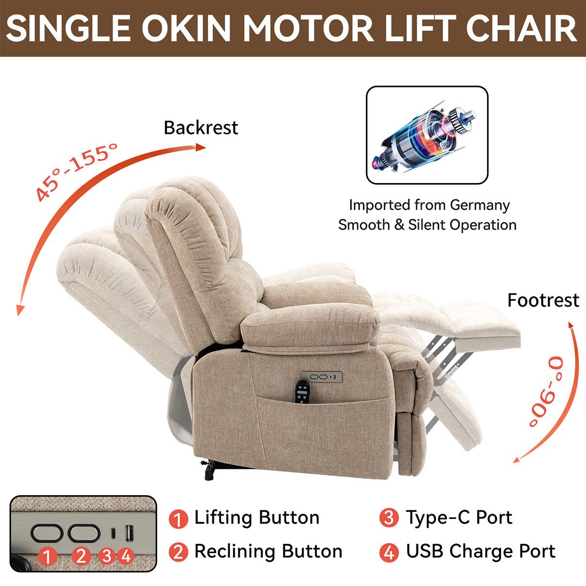 LL1136 chenille electric lift chair recliner for seniors with single Okin motor, 8-point massage, USB and Type-C ports, and 45°-155° reclining range