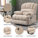 LL1136 chenille electric lift chair recliner for seniors with oversized cushion, large backrest, side pockets, and adjustable footrest.
