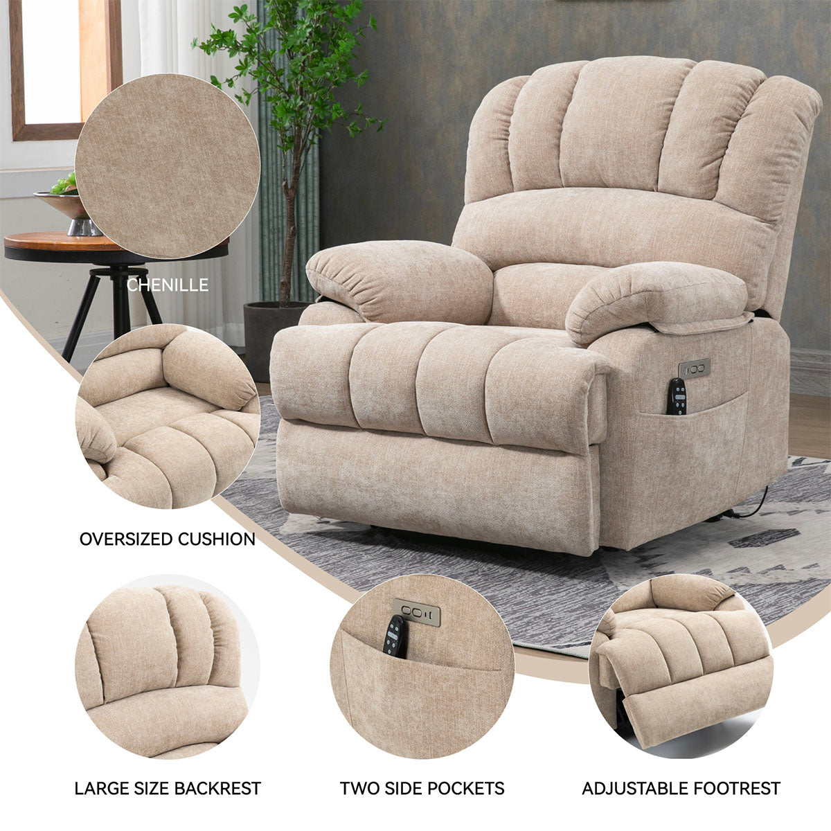 LL1136 chenille electric lift chair recliner for seniors with oversized cushion, large backrest, side pockets, and adjustable footrest.