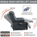 LL1136 single motor lift chair recliner with Okin motor, showing reclining angles, USB and Type-C ports, and control buttons for seniors' comfort.