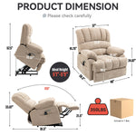 LL1136 chenille electric lift chair recliner for seniors with 8-point massage, shown in upright, reclined, and lifted positions with dimensions and 350 lbs weight capacity.