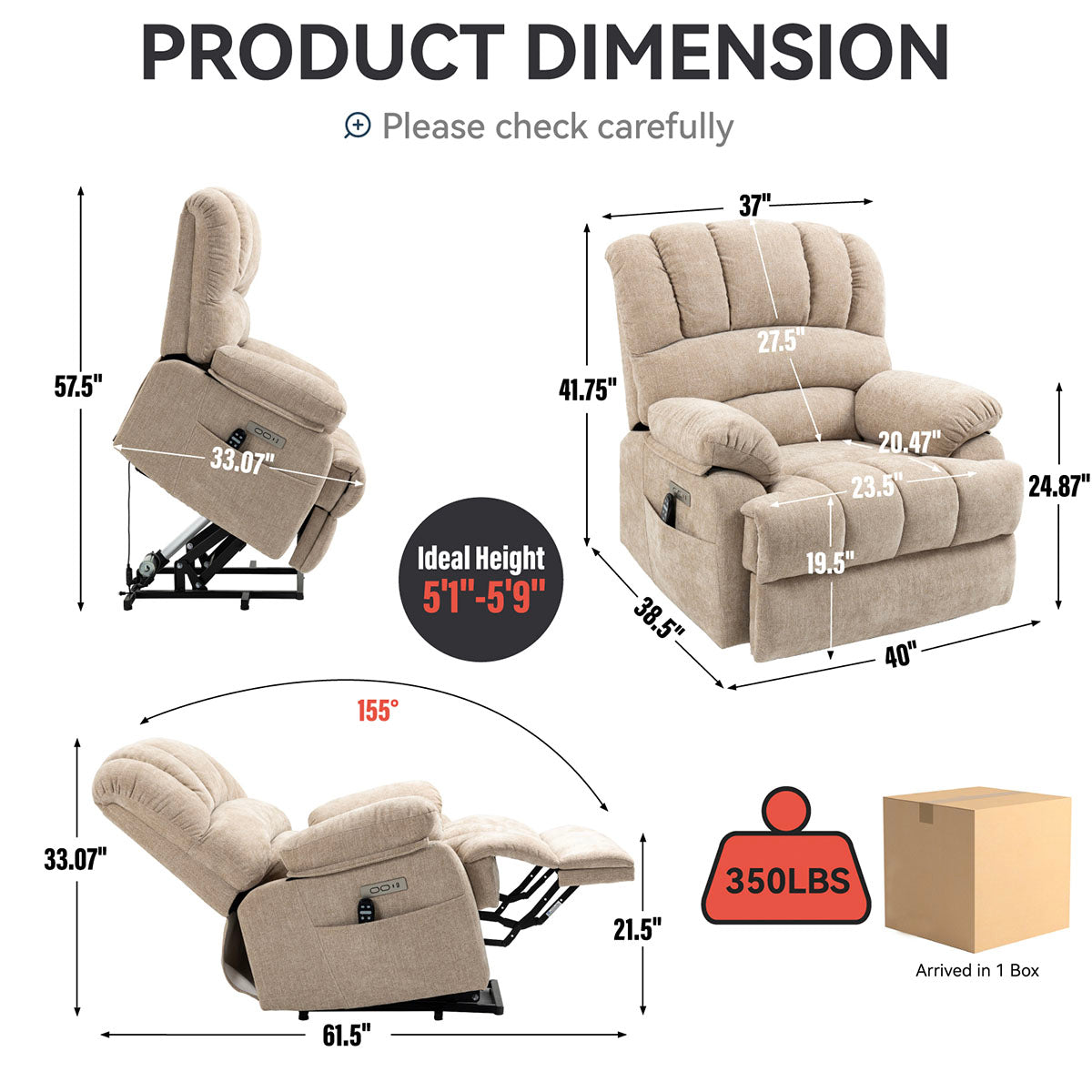 LL1136 chenille electric lift chair recliner for seniors with 8-point massage, shown in upright, reclined, and lifted positions with dimensions and 350 lbs weight capacity.