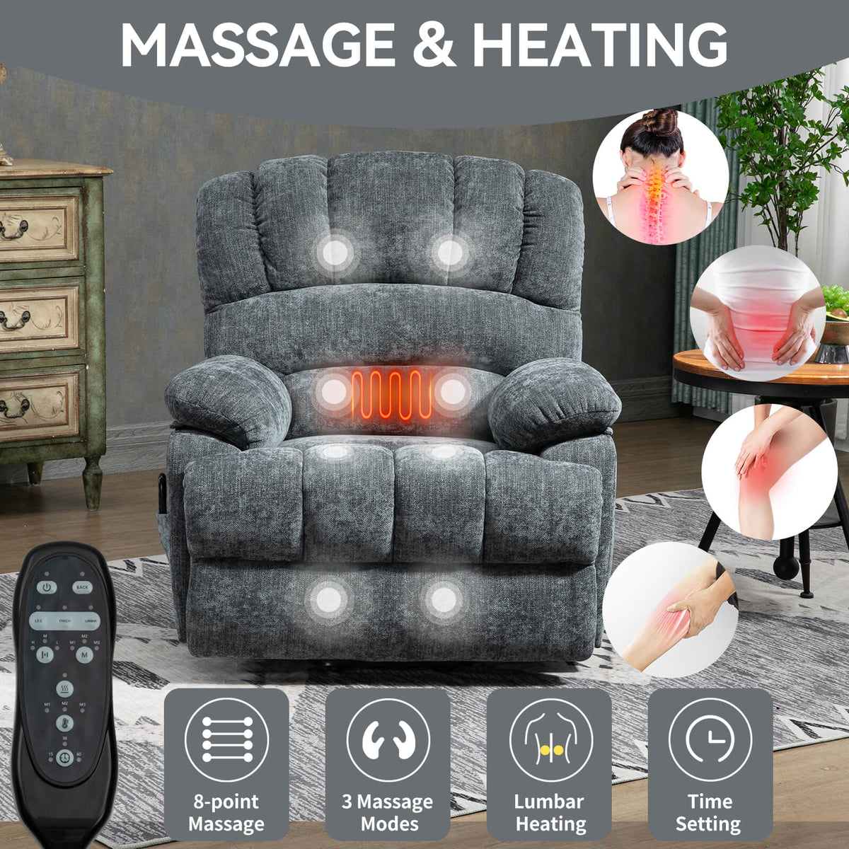 LL1136 chenille electric lift chair recliner with 8-point massage, lumbar heating, 3 massage modes, and remote control for elderly relaxation.