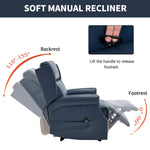 LL1260 soft manual recliner chair with 110°–155° adjustable backrest and 90° footrest angle, perfect for living room relaxation.