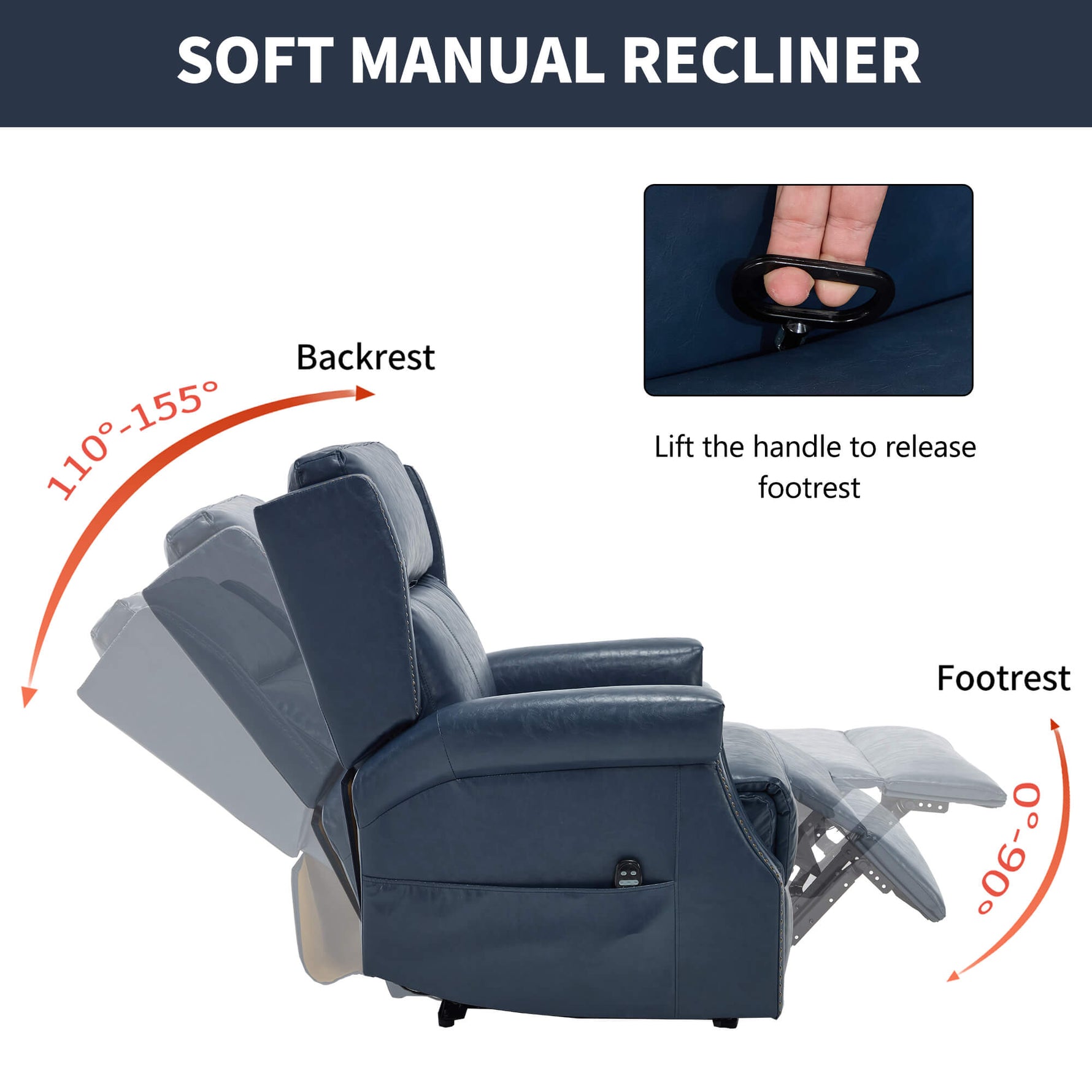 LL1260 soft manual recliner chair with 110°–155° adjustable backrest and 90° footrest angle, perfect for living room relaxation.