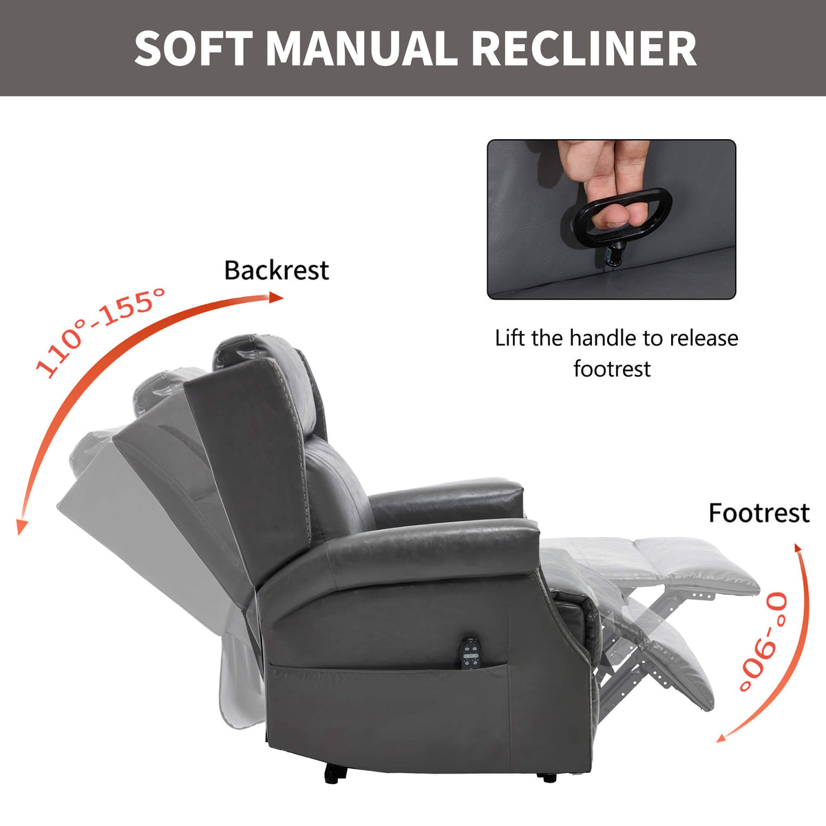 LL1260 comfortable manual leather recliner chair showing 110°-155° reclining backrest and 90° footrest angle, ideal for living rooms.
