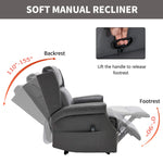 LL1260 comfortable manual leather recliner chair showing 110°-155° reclining backrest and 90° footrest angle, ideal for living rooms.