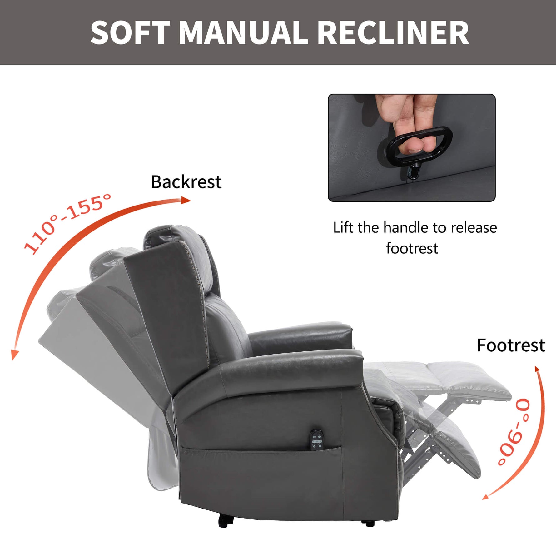 LL1260 comfortable manual leather recliner chair showing 110°-155° reclining backrest and 90° footrest angle, ideal for living rooms.