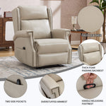 Close-up of LL1260 beige leather recliner chair features including faux leather, padded backrest, side pockets, and manual footrest handle.
