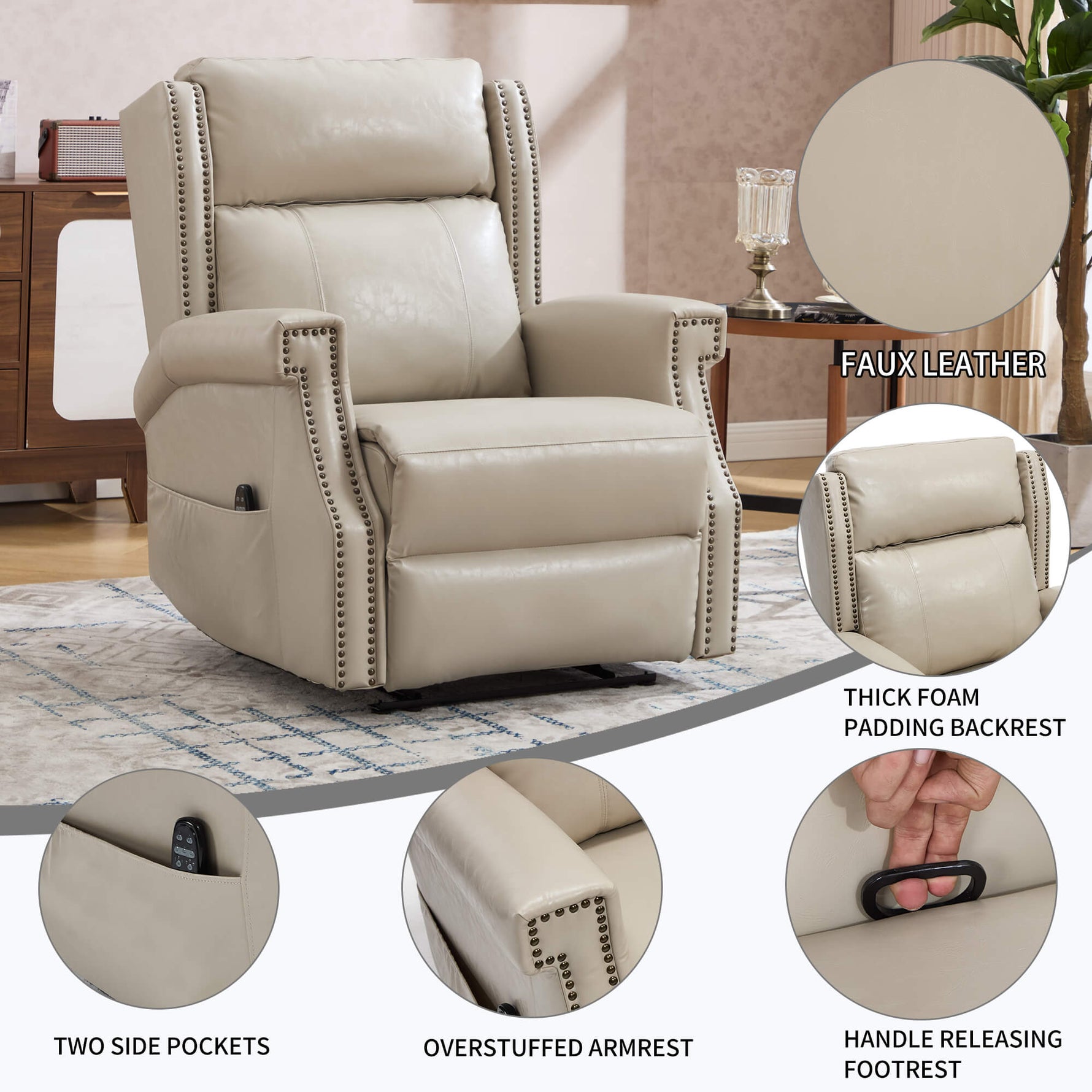 Close-up of LL1260 beige leather recliner chair features including faux leather, padded backrest, side pockets, and manual footrest handle.