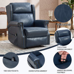 LL1260 manual leather recliner chair in navy blue with faux leather, thick foam backrest, side pockets, and handle-operated footrest.