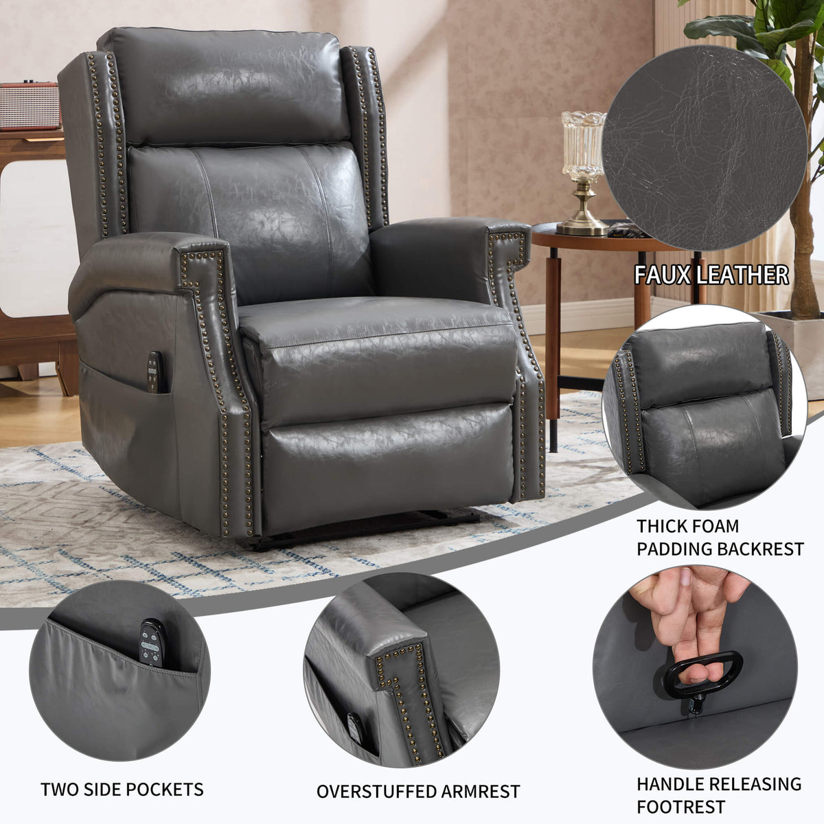 LL1260 gray leather recliner chair with faux leather, padded backrest, side pockets, and manual handle footrest for modern homes.