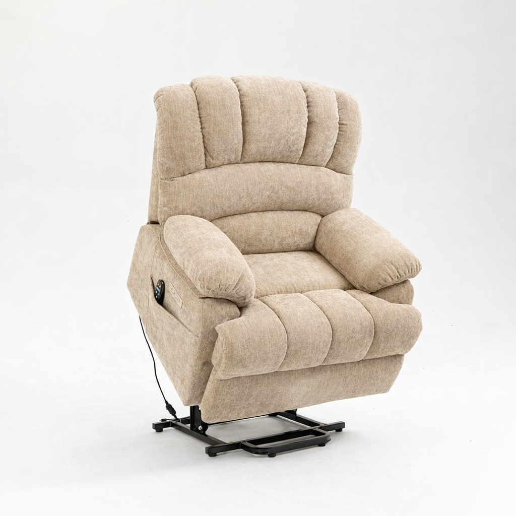 LL1136 chenille electric lift chair recliner for seniors with 8-point massage and single motor power lift assist in beige fabric upholstery.