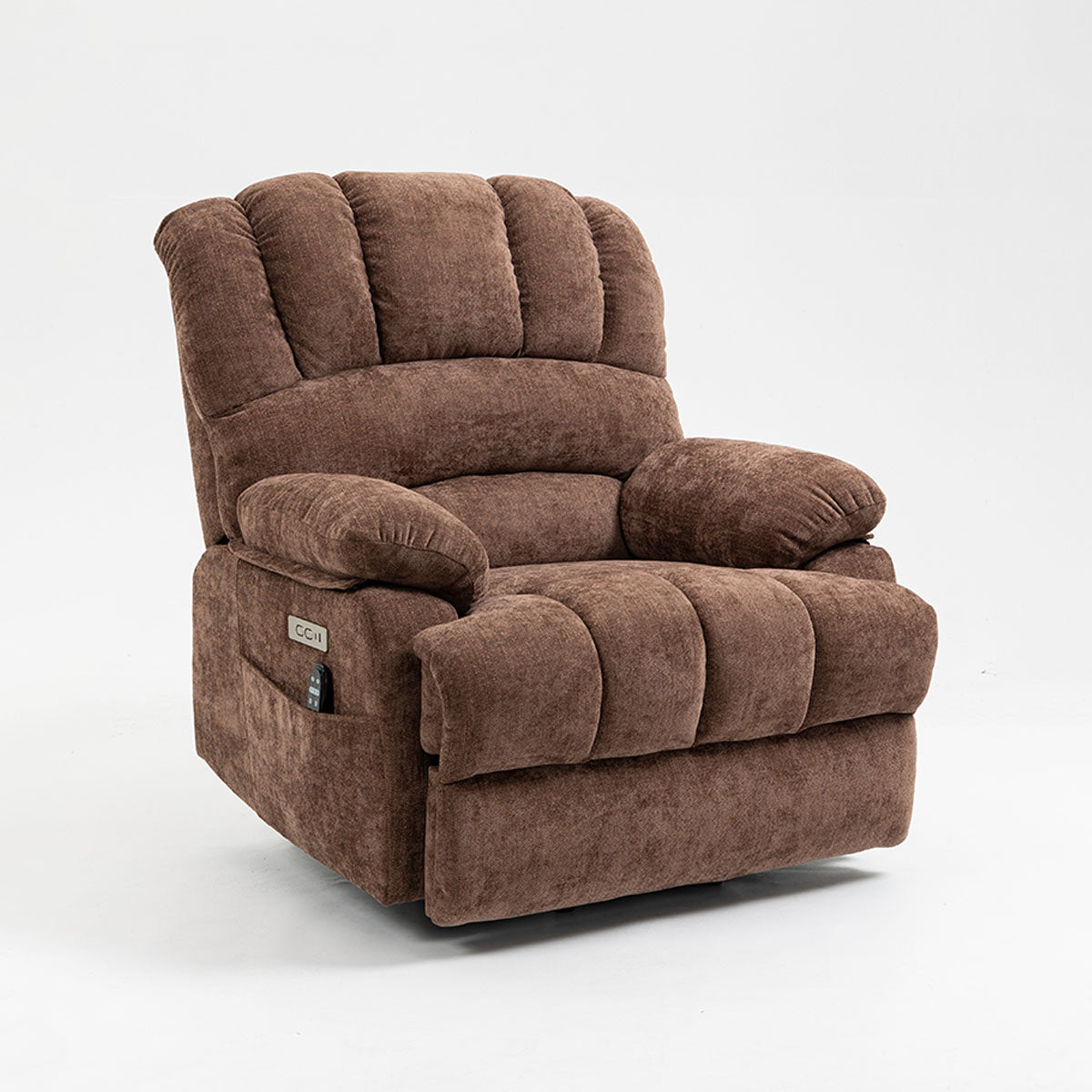 LL1136 brown chenille lift recliner in seated position, highlighting plush armrests and wide seat for elderly comfort.