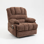 LL1136 brown chenille lift recliner in seated position, highlighting plush armrests and wide seat for elderly comfort.
