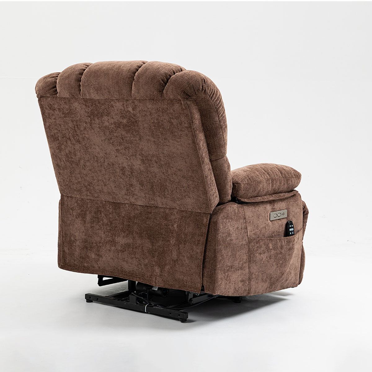 Back view of LL1136 chenille electric recliner chair in brown, featuring plush upholstery and side control panel for lift and recline functions.