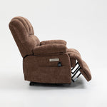 Side view of LL1136 chenille lift recliner with footrest extended, showing control panel and ergonomic design.