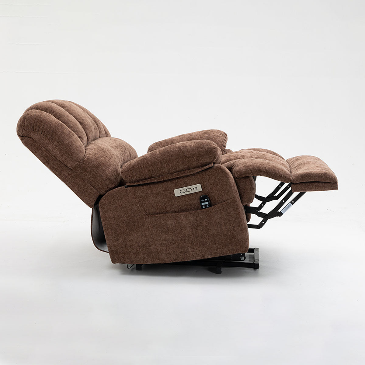 LL1136 electric lift chair fully reclined, offering maximum comfort with extended footrest and backrest for elderly users.