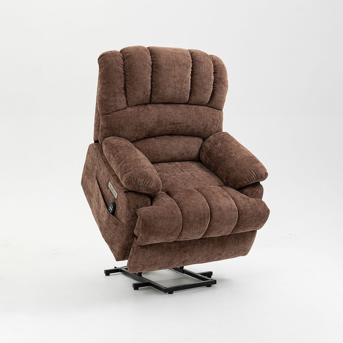 LL1136 chenille electric lift chair recliner in brown fabric, shown in raised position for easy standing assistance for seniors.