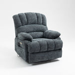 Angled view of LL1136 chenille electric lift chair recliner in blue, highlighting soft fabric, side control panel, and thick cushioned armrests.