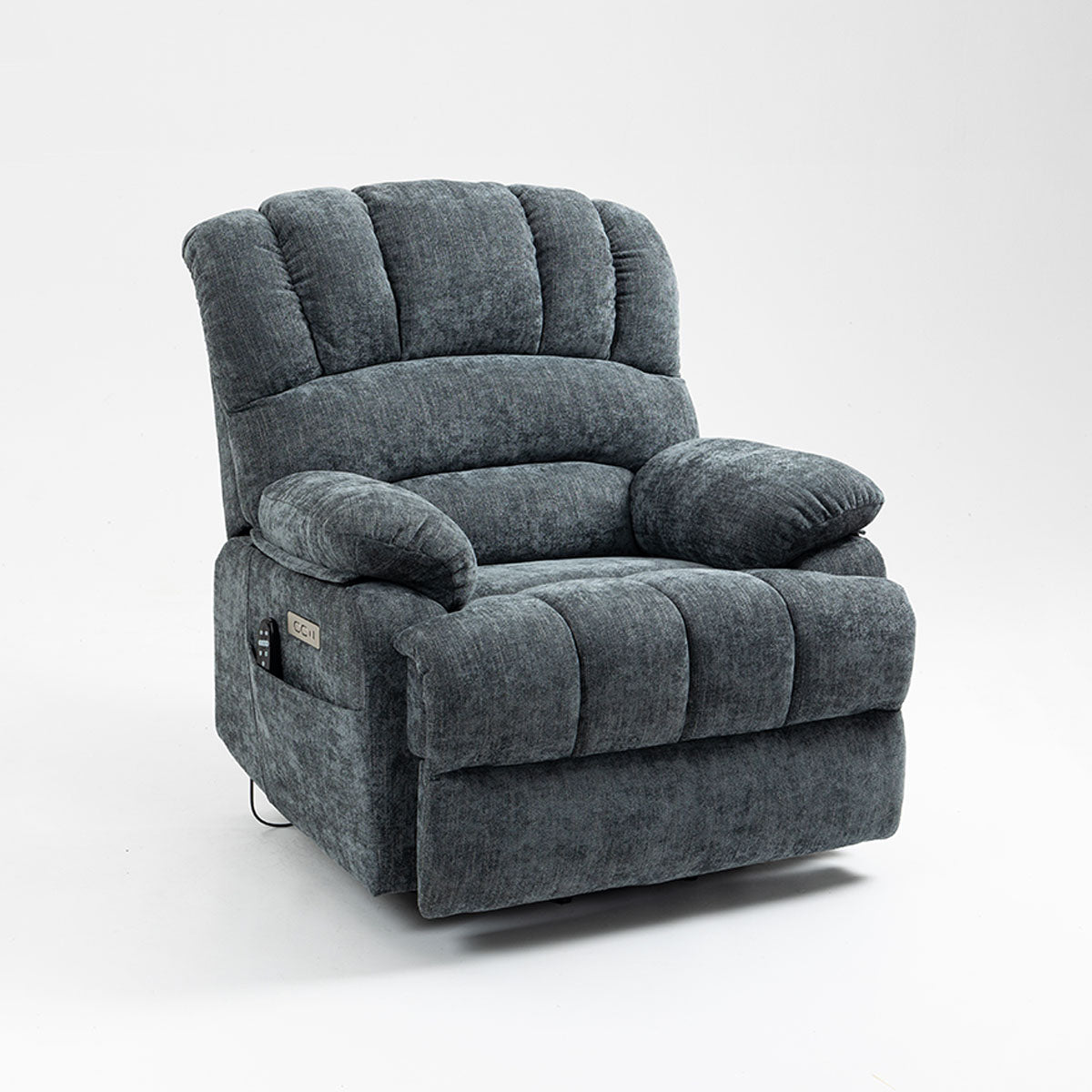 Angled view of LL1136 chenille electric lift chair recliner in blue, highlighting soft fabric, side control panel, and thick cushioned armrests.
