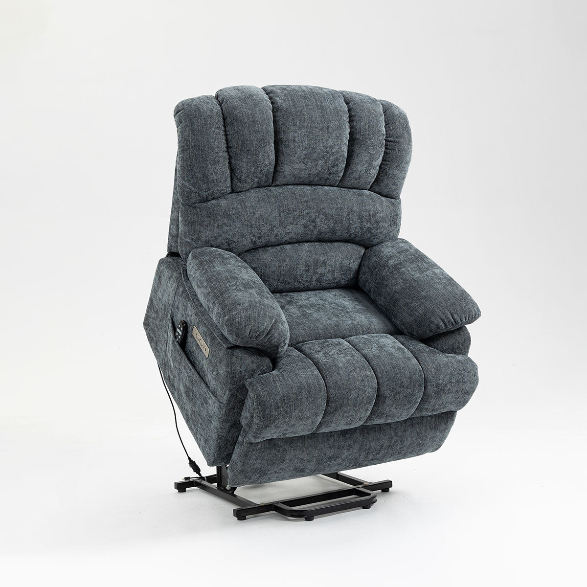 LL1136 chenille electric lift chair recliner in blue, partially lifted to assist seniors in standing with ergonomic cushioning and side controls.