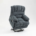 LL1136 chenille electric lift chair recliner in blue, partially lifted to assist seniors in standing with ergonomic cushioning and side controls.