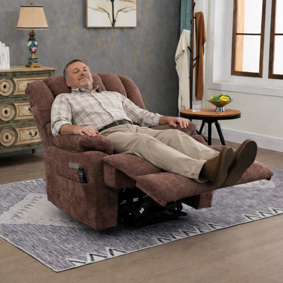 LL1136 chenille power lift recliner fully extended with a senior man relaxing, ideal for elderly comfort and support.