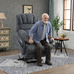 Elderly man using LL1136 chenille electric lift chair recliner in living room, demonstrating power lift assist for easy standing support.