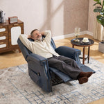 Man relaxing in fully reclined LL1260 navy blue leather recliner chair, ideal for cozy modern living room comfort and support.