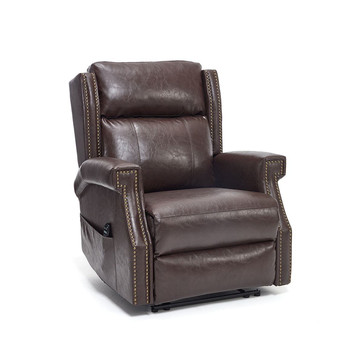 LL1260 manual leather recliner chair in brown leather finish with nailhead trim, combining comfort and elegance for living room decor.