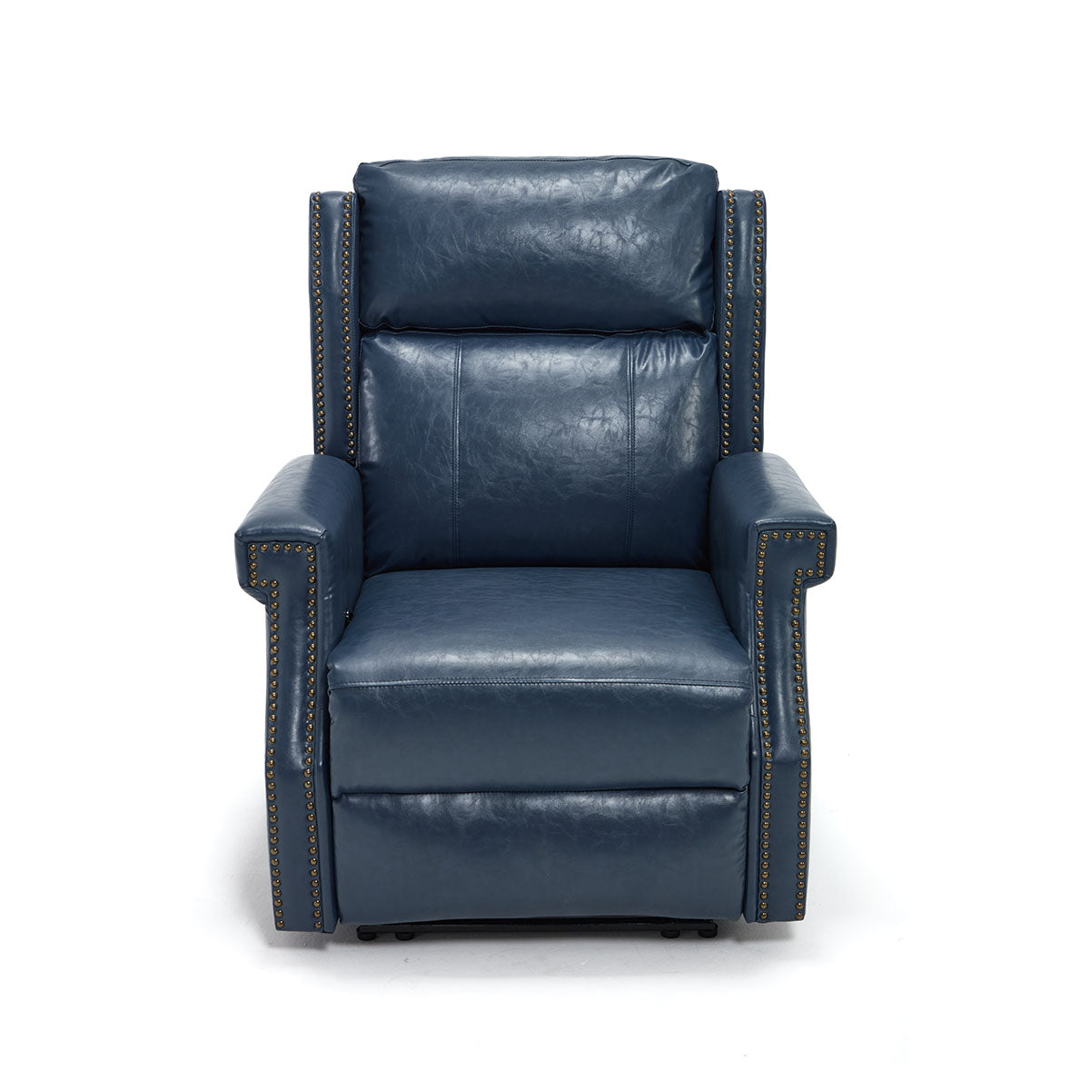 Front view of LL1260 navy blue manual leather recliner chair with high-back support and nailhead trim for modern interiors.
