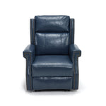 Front view of LL1260 navy blue manual leather recliner chair with high-back support and nailhead trim for modern interiors.
