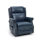 LL1260 manual leather recliner chair in navy blue with nailhead trim, compact design perfect for stylish modern living rooms.