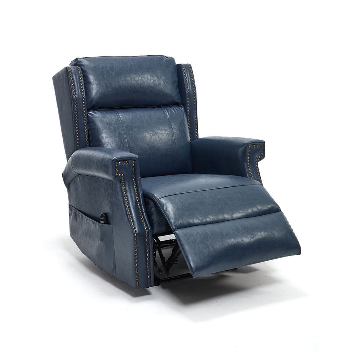 LL1260 manual recliner chair in navy blue shown partially reclined with extended footrest and plush cushioning.