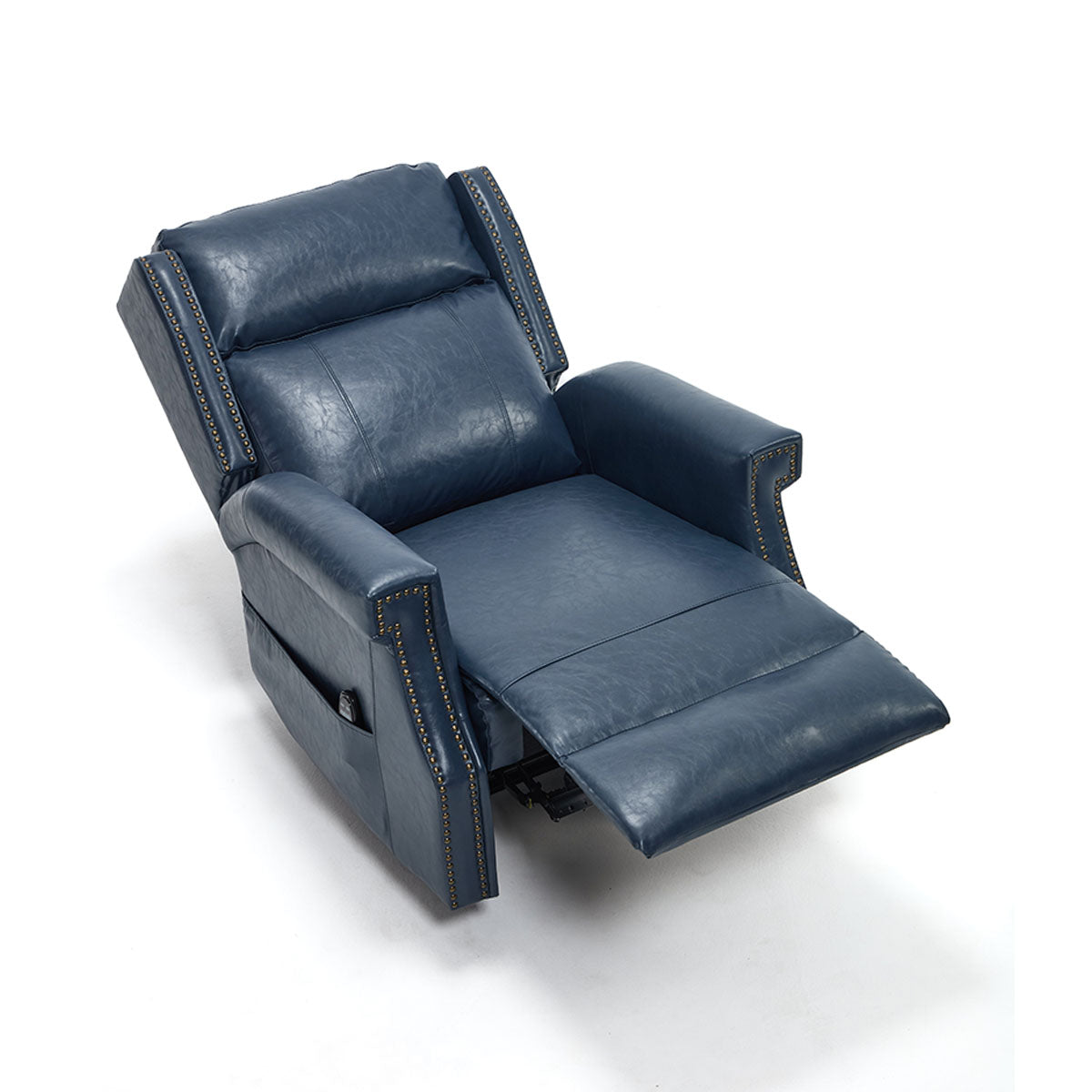 Fully reclined LL1260 leather recliner chair in navy blue with extended footrest and ergonomic backrest for lounging.