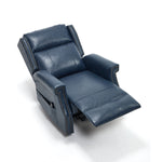 Fully reclined LL1260 leather recliner chair in navy blue with extended footrest and ergonomic backrest for lounging.