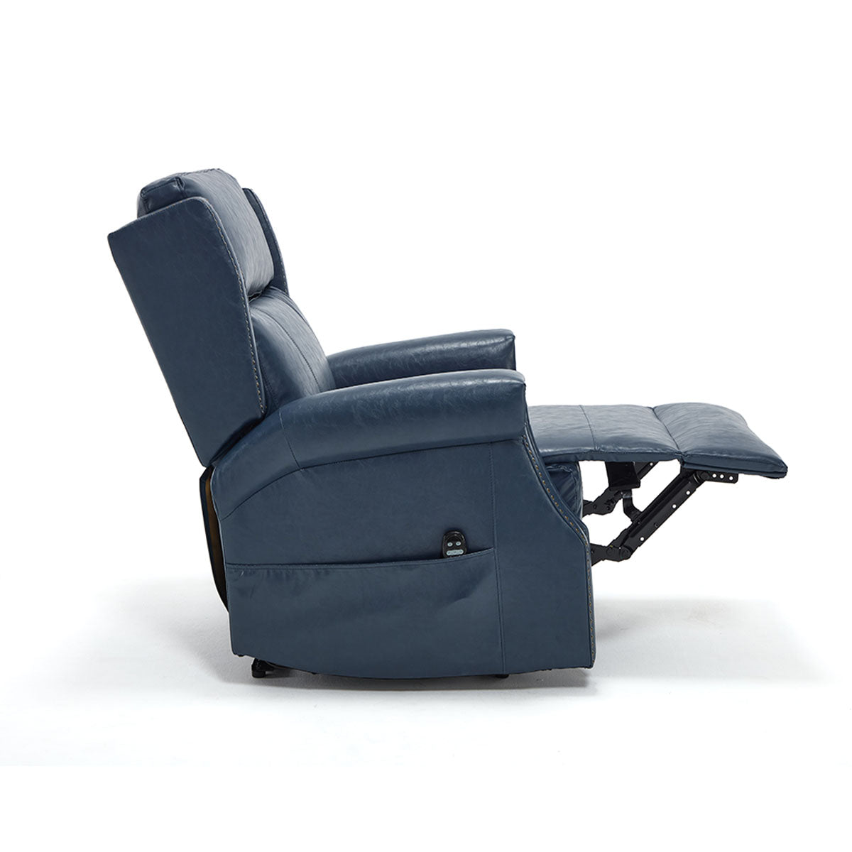 LL1260 manual recliner chair in navy blue in mid-recline position, highlighting ergonomic design and faux leather finish.