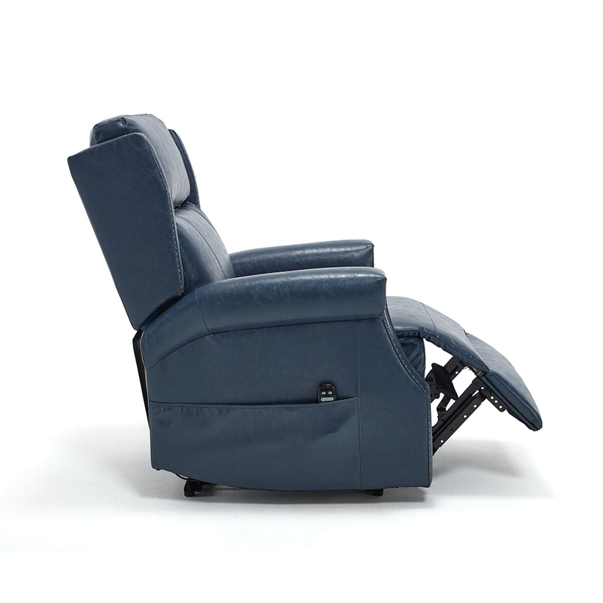 LL1260 navy blue leather recliner chair in semi-reclined position showing footrest extension and side handle.